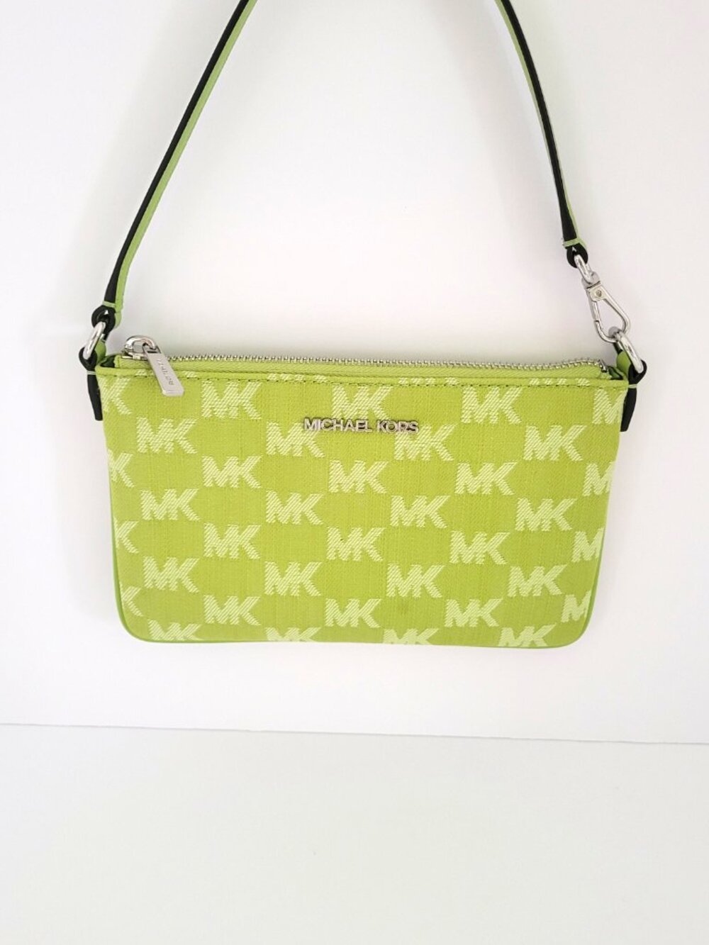 Michael Kors Jet Set Travel Small Convertible Pouch Wristlet Lime MK Logo Denim